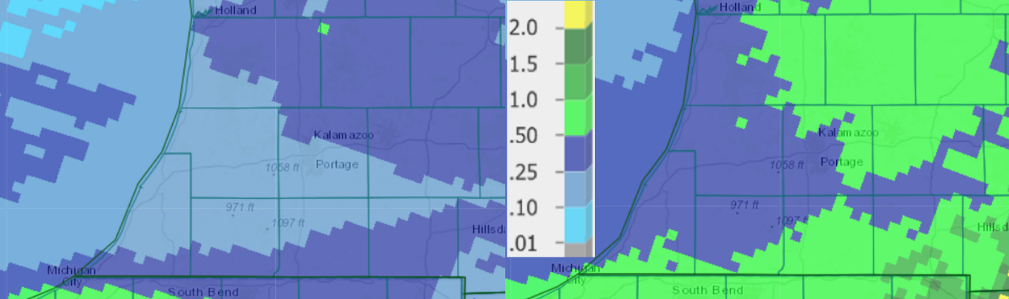 Precipitation totals (left) and percent of normal (right) from the past seven days as of May 11.